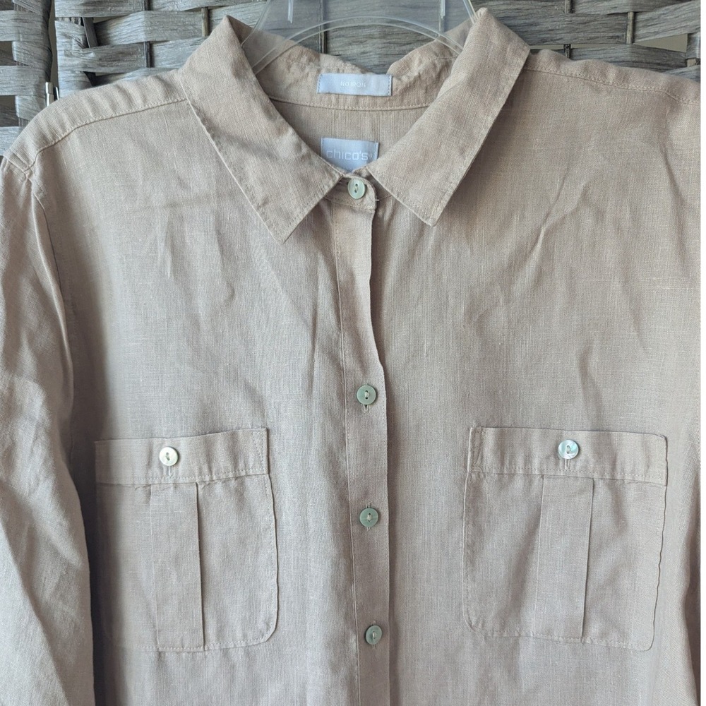 Chico's Linen Tunic Top Tan No Iron Button Up 3/4 Sleeve Sz 3 (16) Quiet Luxury - Picture 3 of 10